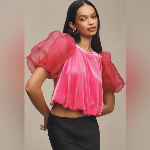 NEW MAEVE Puff Sleeve Velvet Blouse in Pink SMALL - Picture 2 of 5